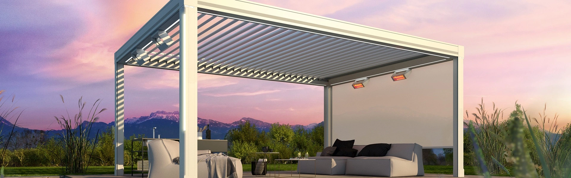 Tempura Quadra heaters bevestigd aan witte lamellen terrasoverkapping