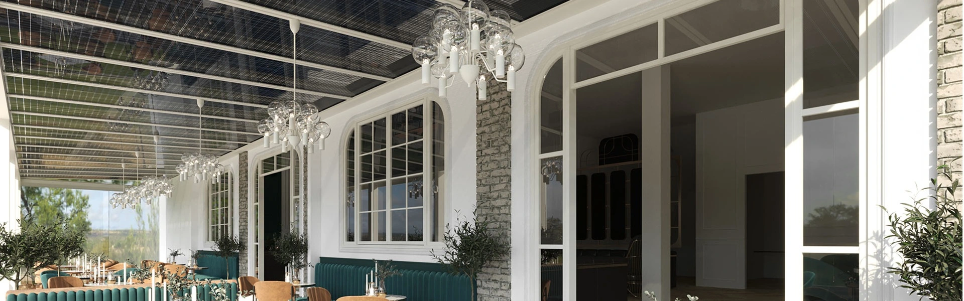 Terras met marmeren tafels fluwelen banken en glazen overkapping met zonnepanelen