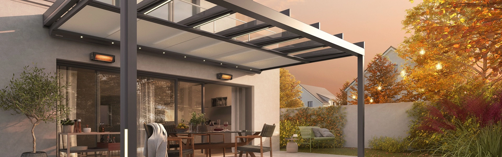 Terras met serre zonwering, ledverlichting en heaters voor sfeervol comfort