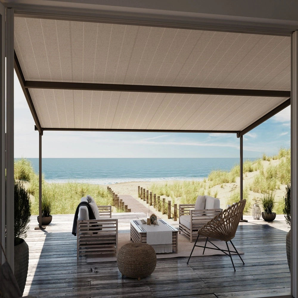 Tuinkamer Pergolino met schuifdak en uitzicht op zee vanaf een houten terras