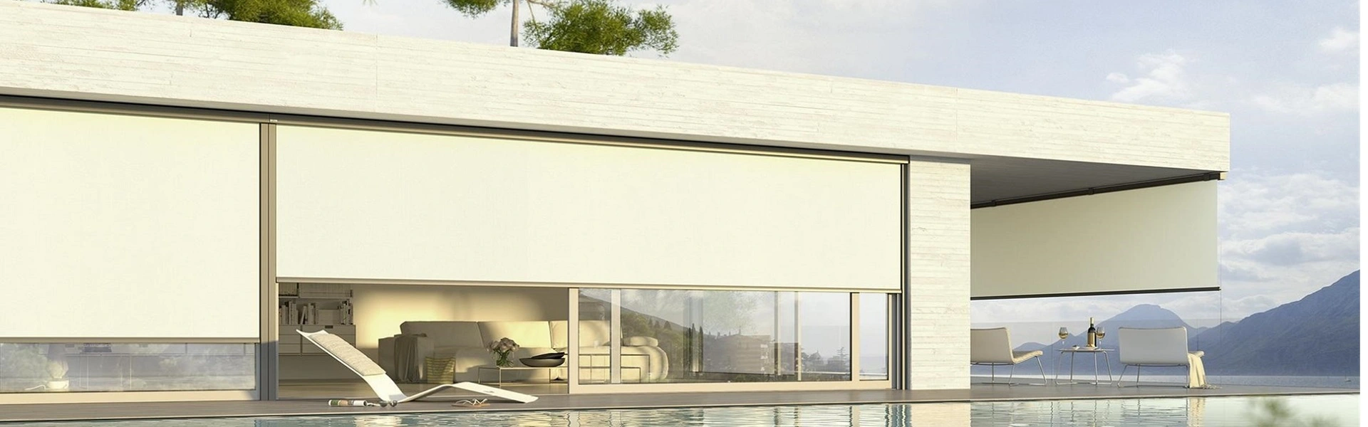 Vertitex screen op een strakke gevel met zwembad en uitzicht