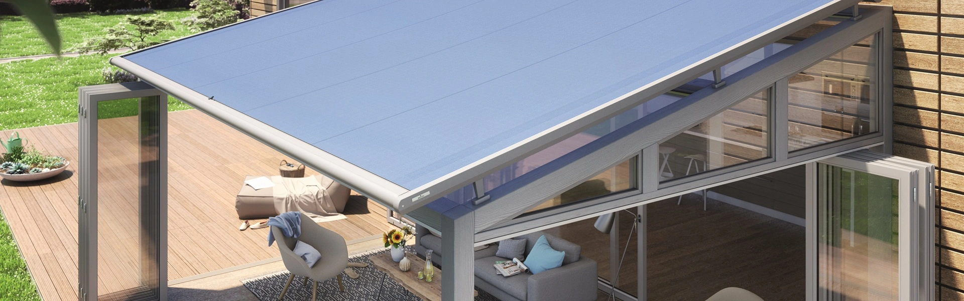 WGM Top serre zonwering in blauw boven luxe terrasruimte