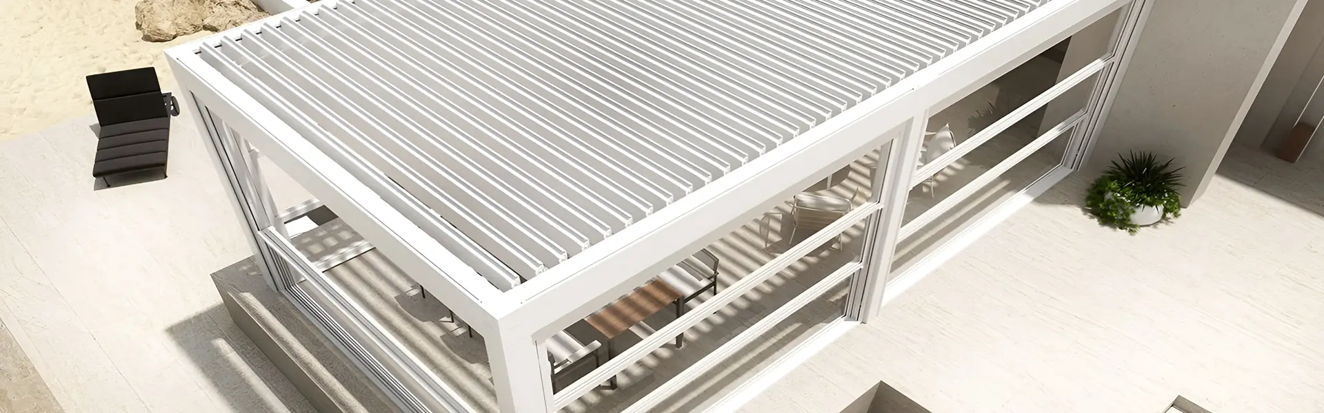 Witte lamellen overkapping Diesis met glazen panelen en moderne buitenruimte