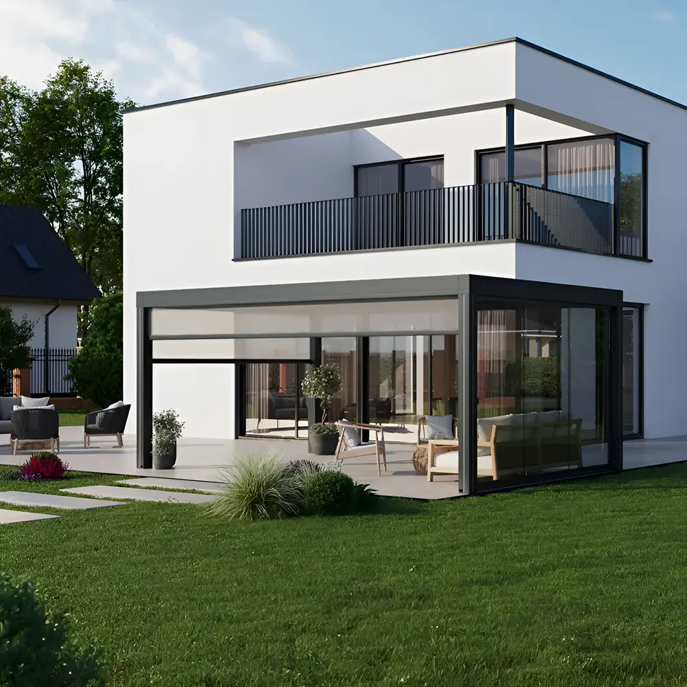 Witte villa met glazen overkapping Area, strak design in het terrasontwerp