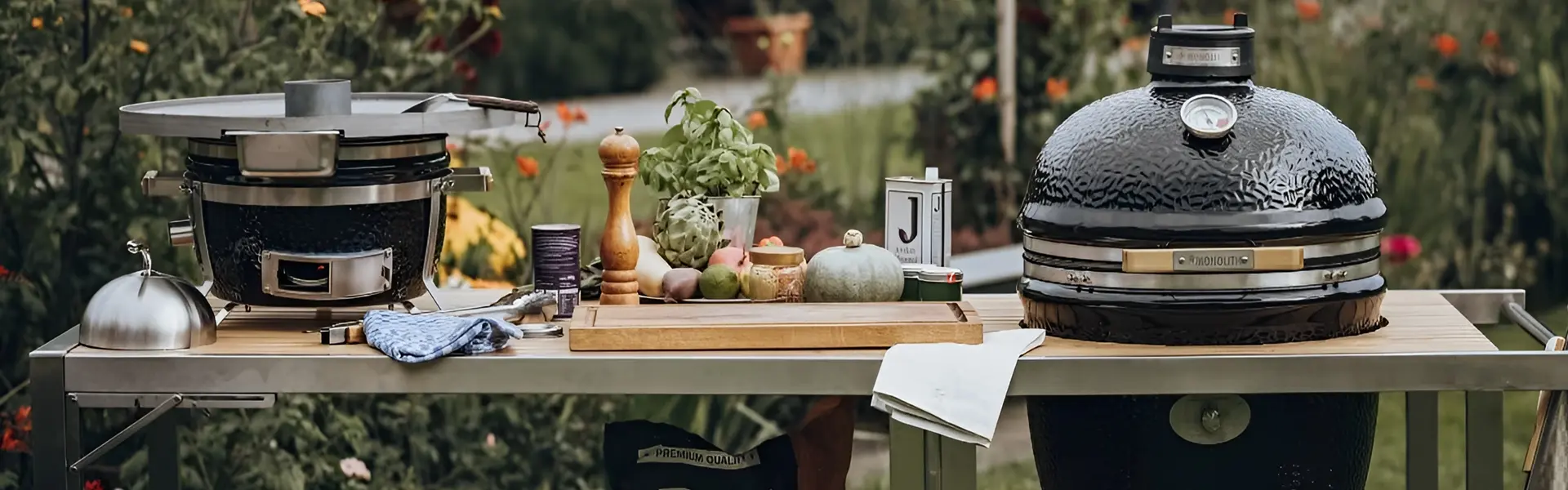 Yakiniku BBQ op een tafel met ingrediAnten en accessoires in een tuin