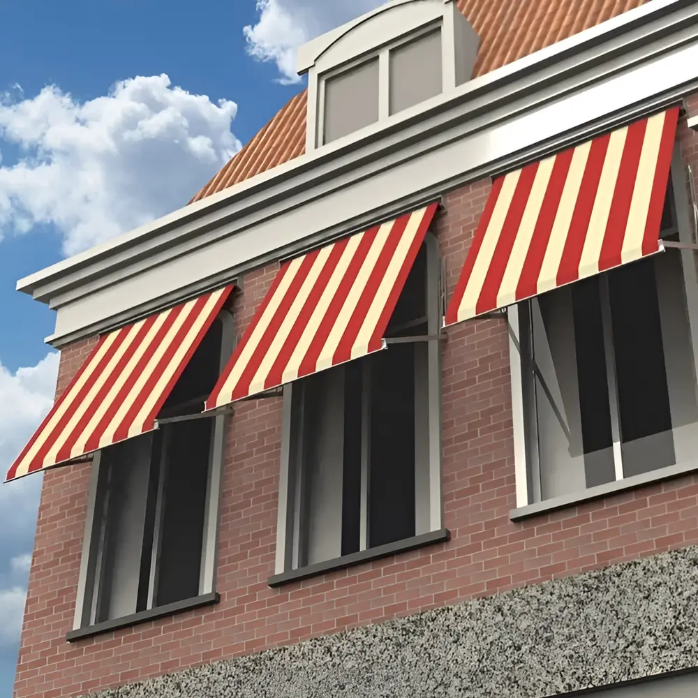 Meerdere uitvalschermen met rood-witte strepen op klassieke gevel