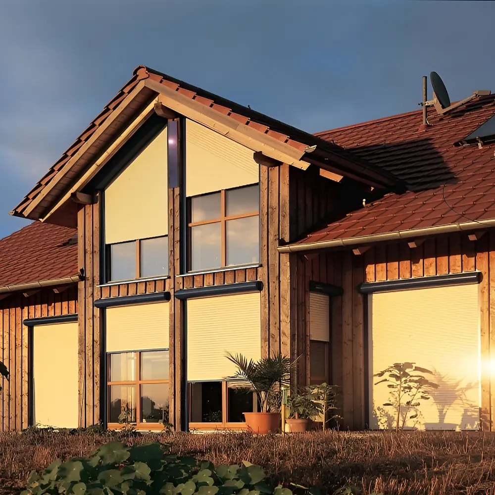 Bungalow met witte solar rolluiken en groene tuin