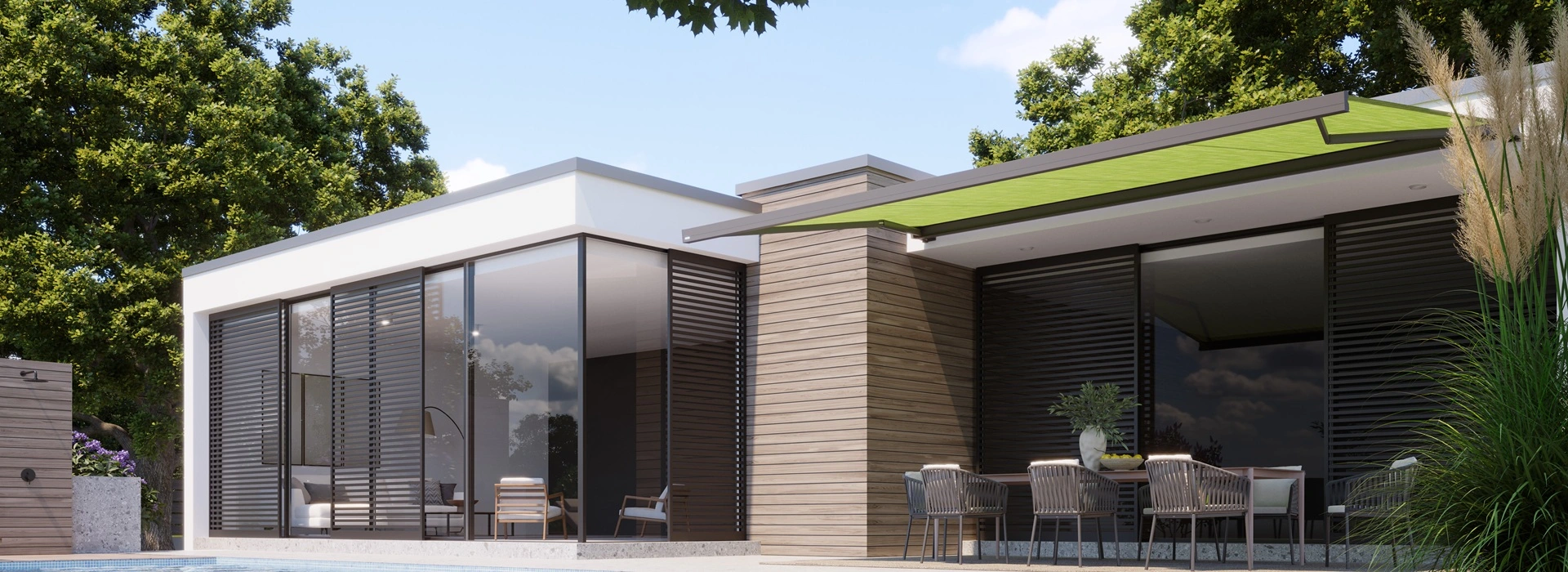 Knikarmscherm CENTO met groen zonweringsdoek in open positie boven terras en eettafel