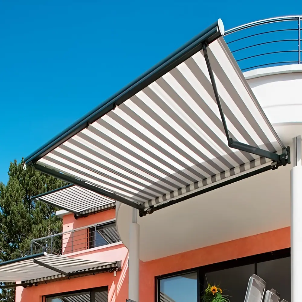 weinor knikarmscherm topas ii zwart wit terras zonnescherm op ronde gevel veldman zonwering